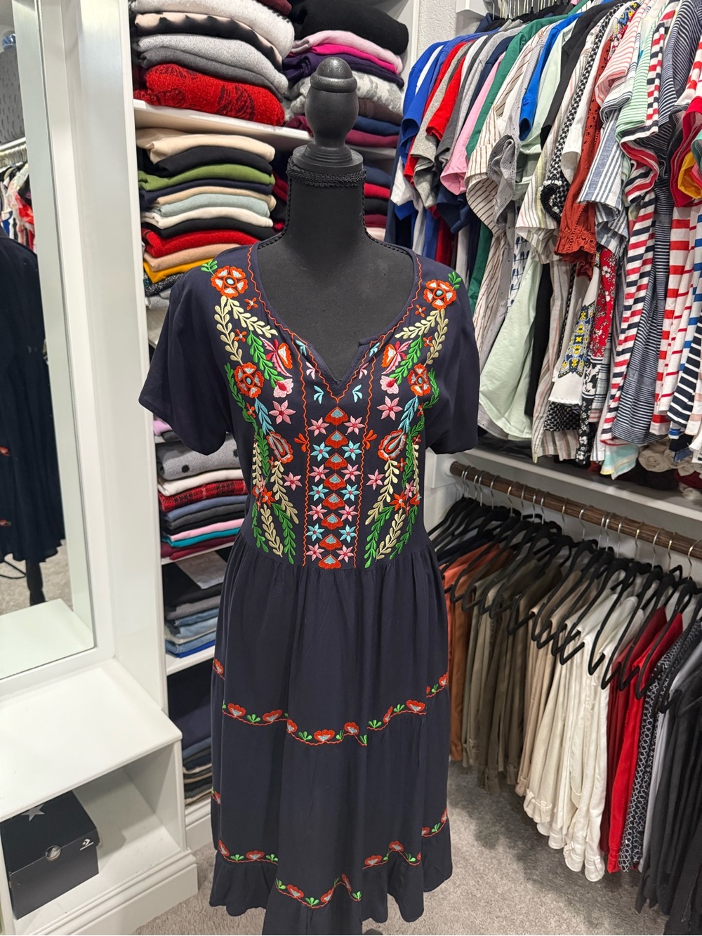 Shoreline Navy Midi Dress with Multicolor Floral Embroidery